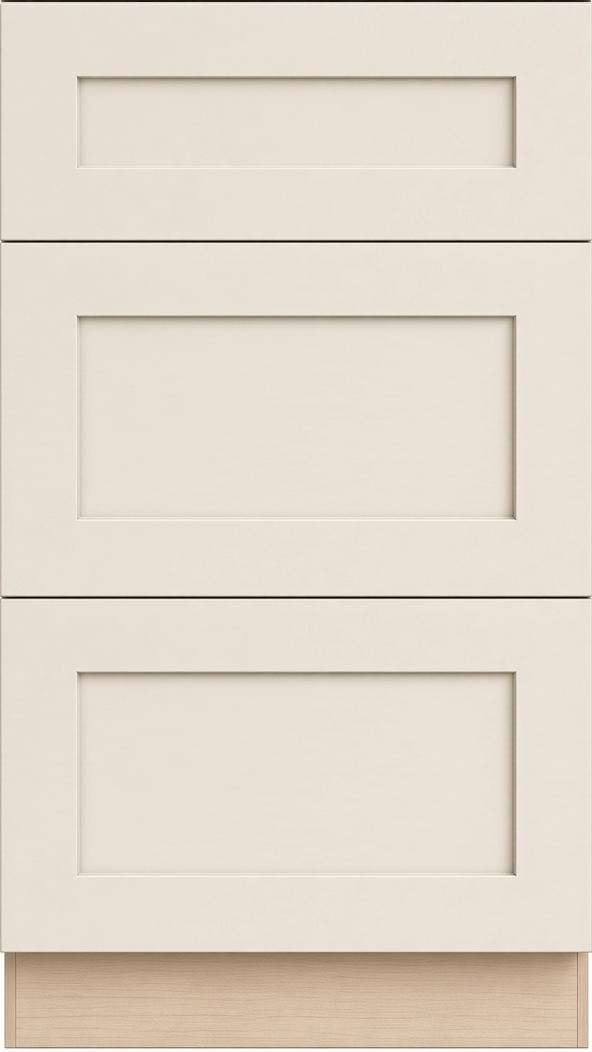 Front view of a three drawer base cabinet